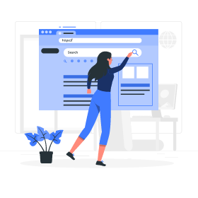 Illustration of a lady standing in front of a large web page, using the search function.