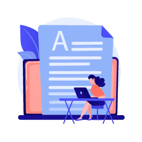 Illustration of a lady sat in front of a laptop with an oversized text document behind.