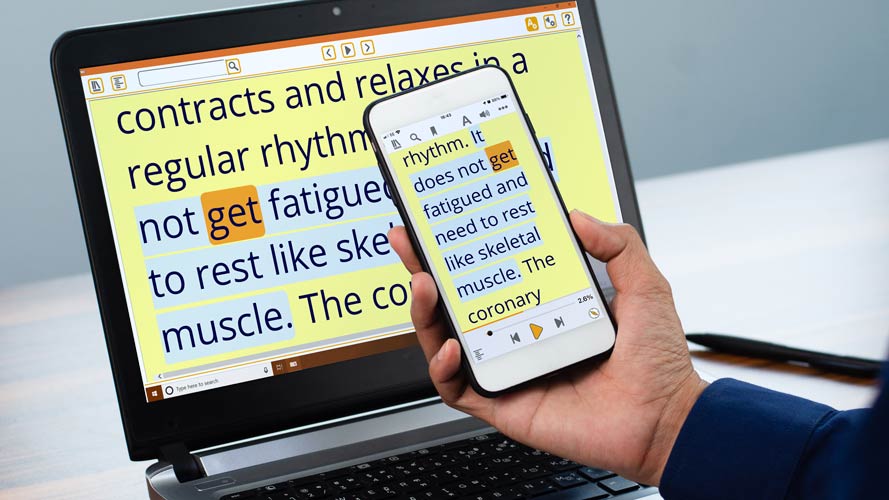 EasyReader reading pane synchronised on a laptop and smartphone.