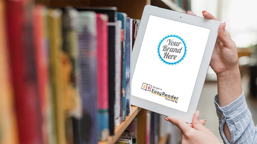 A digital tablet being removed from a library bookshelf, with the words 'your brand here' displayed onscreen.