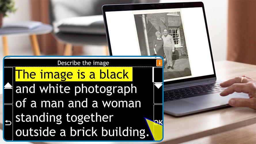 Shows an image description of a black and white photo of a husband and wife.
