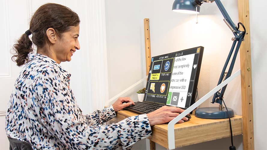 Woman browsing a website at home, with GuideConnect on a PC.