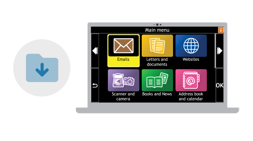 Illustration of laptop with a GuideConnect Menu screen and a download icon.