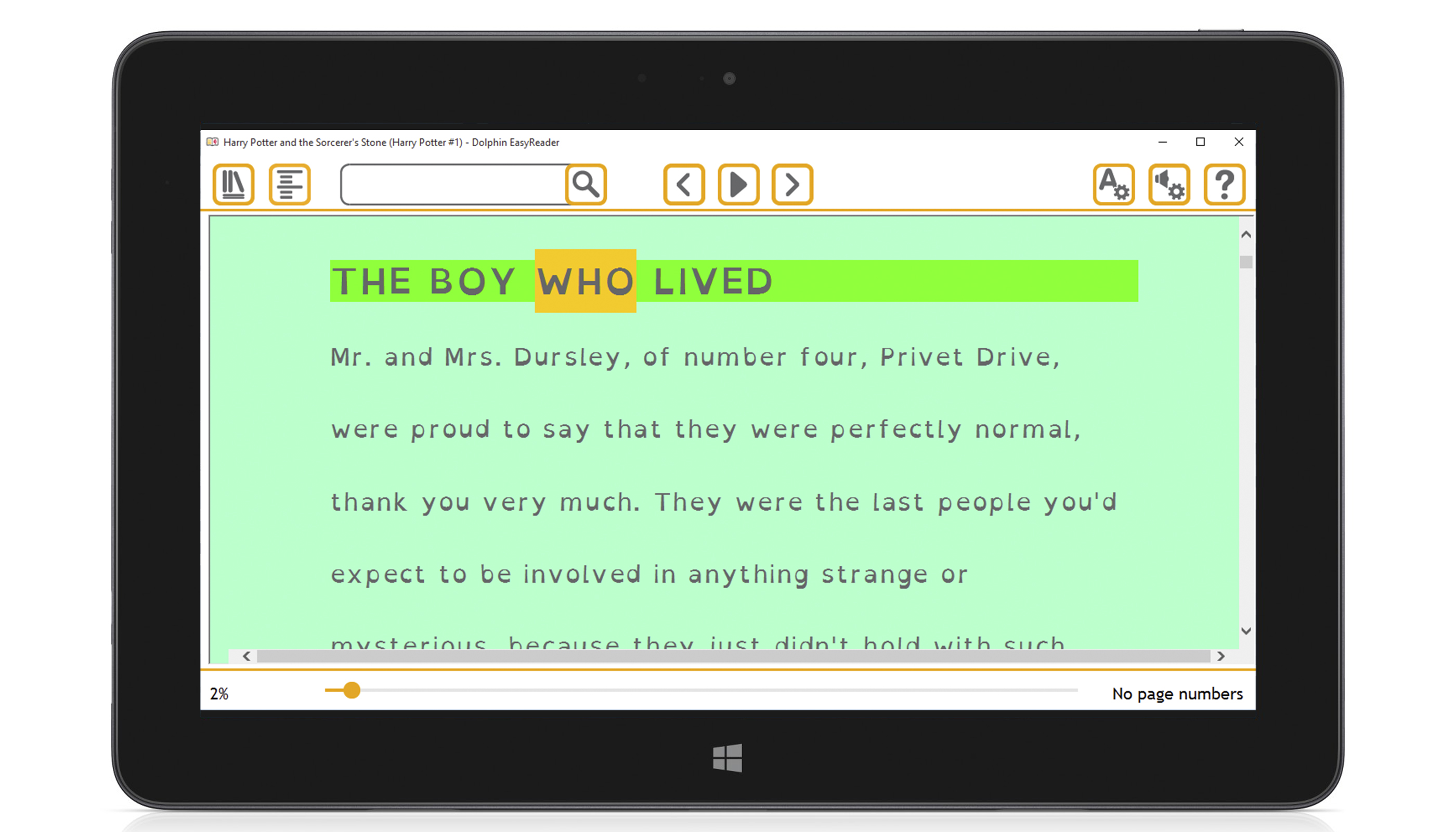 Grey Text on a green background, yellow word highlight