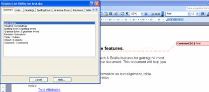A screenshot of the Dolphin List Utility in action in Word. The Summary Tab sheet is showing that there are 8 links, 16 headings, 5 spelling errors, 5 grammar errors, 0 revisions, 1 tables, 0 objects, 1 comment.