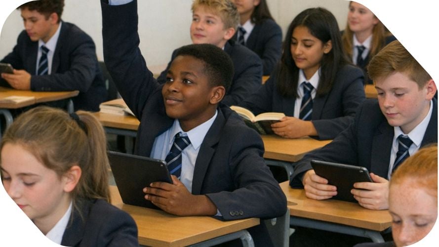 Year 8 students reading using books and ipads. One young person holding an ipad has his hand up, ready to answer the teacher's question. (AI generated)