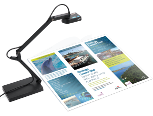 A document camera sits over a product brochure