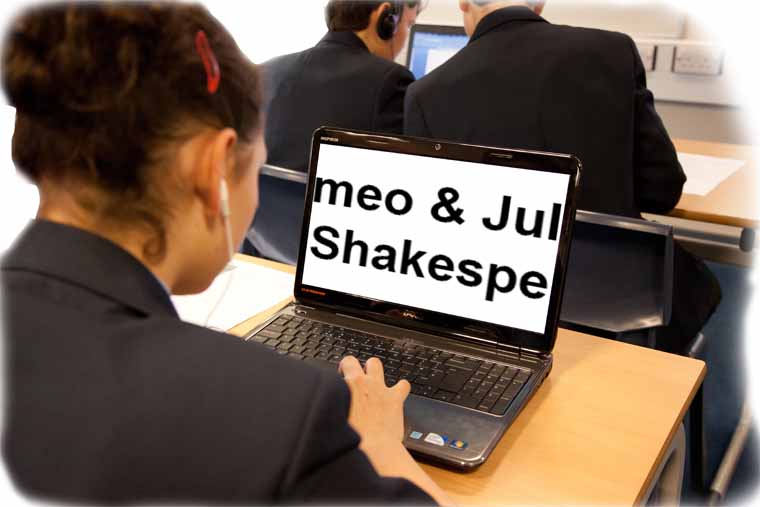Student reading Romeo and Juliet with magnified view and speech