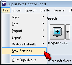The File & Save Settings option found in the SuperNova control panel.